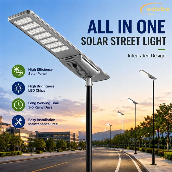 High Lumen All in One Solar Street Light IP65 LiFePO4 Battery Outdoor Road Lighting 30W-150W