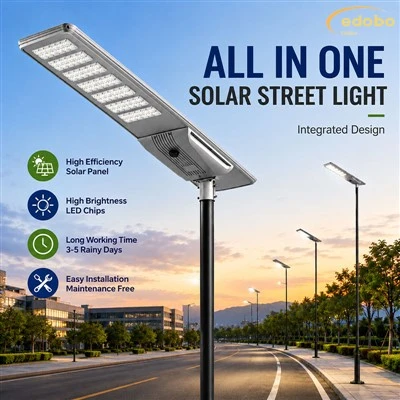 High Lumen All in One Solar Street Light IP65 LiFePO4 Battery Outdoor Road Lighting 30W-150W